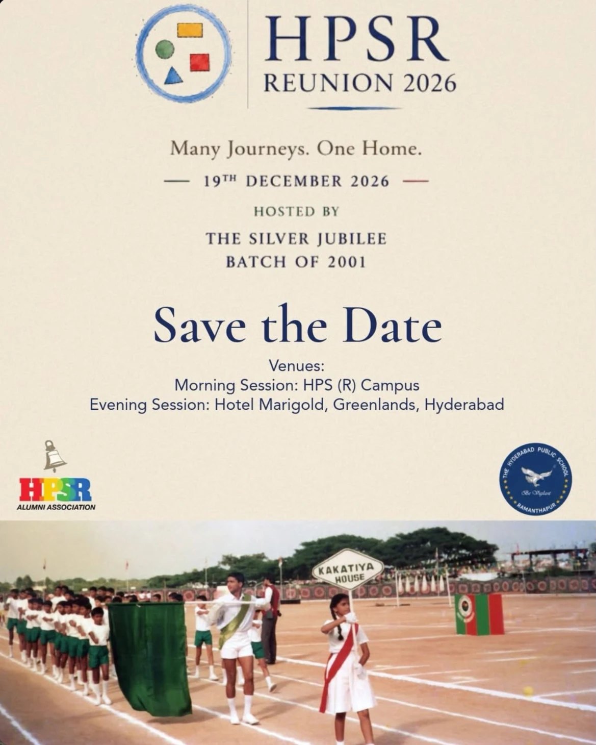 Save-the-date poster for HPSR Reunion 2026, 19 December 2026, hosted by the Silver Jubilee Batch of 2001, with a sports-day march-past photograph
